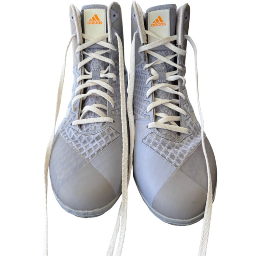 ADIDAS- Gray and White High-Top wrestling Sneakers